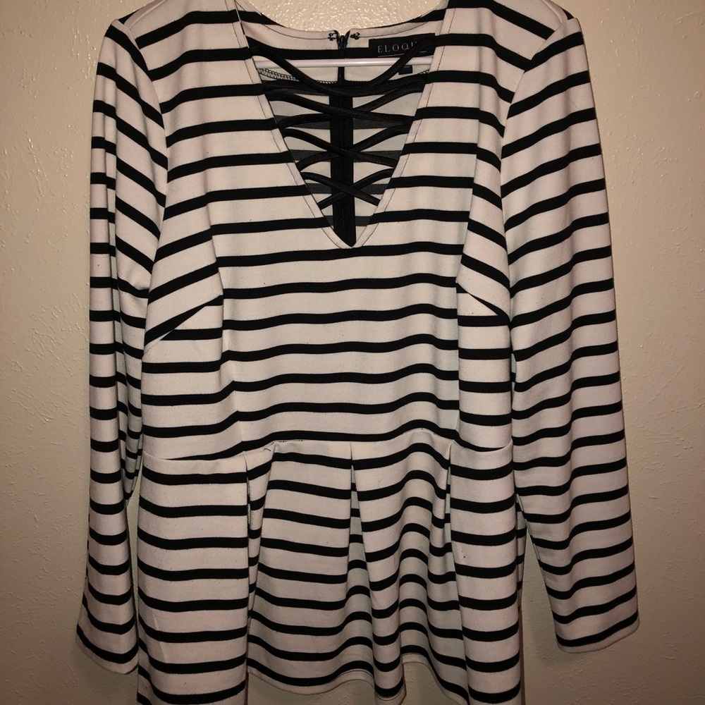 Eloquii Striped Peplum With Criss Cross Neckline